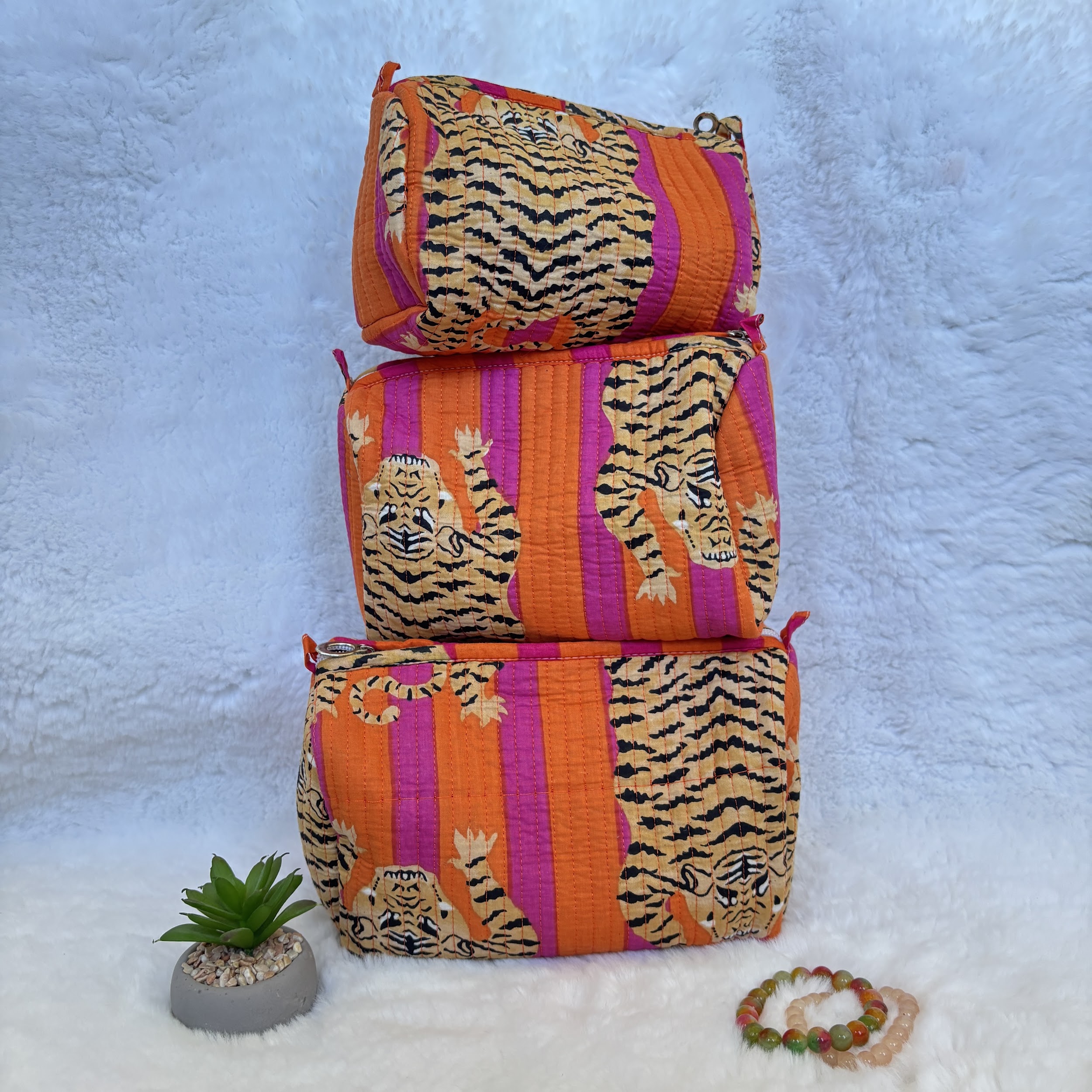 3 Pc Quilted Block Print Toiletry & Makeup Case | Pink Orange Tiger 💗🧡🐅