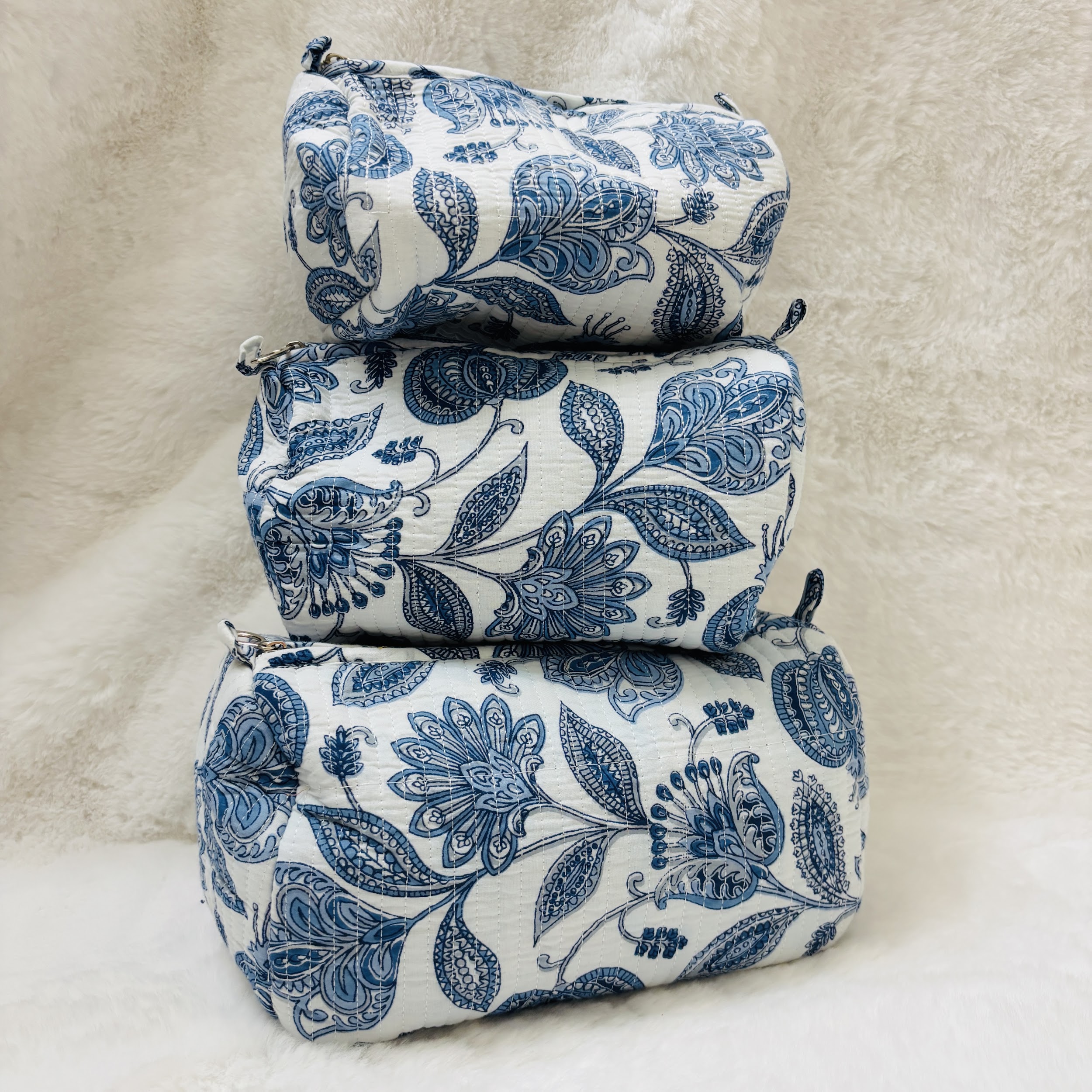 3 Pc Quilted Block Print Toiletry & Makeup Case | Indigo